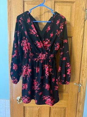 Speechless Black Long-Sleeve Wrap Dress with Pink Floral Print